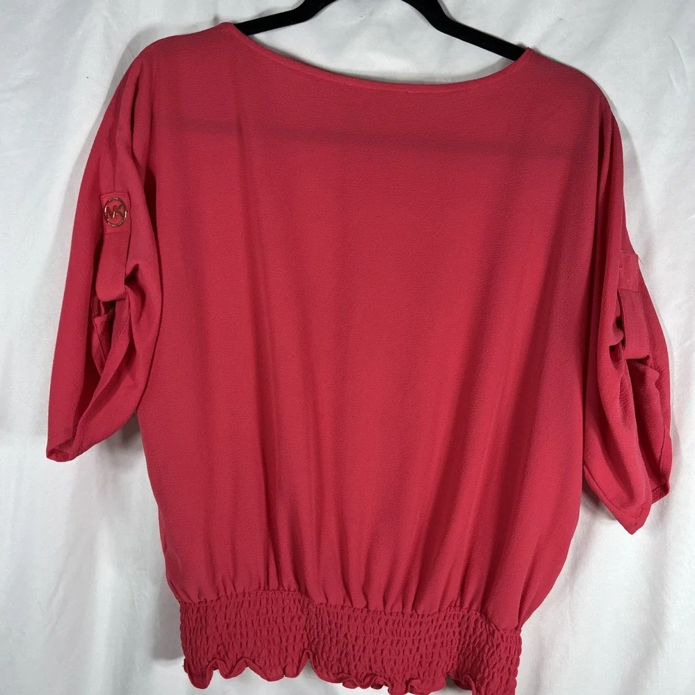 Michael Kors‎ Top Women's Med Rose Scoop Neck Roll Tab Sleeve Sheer Blouse